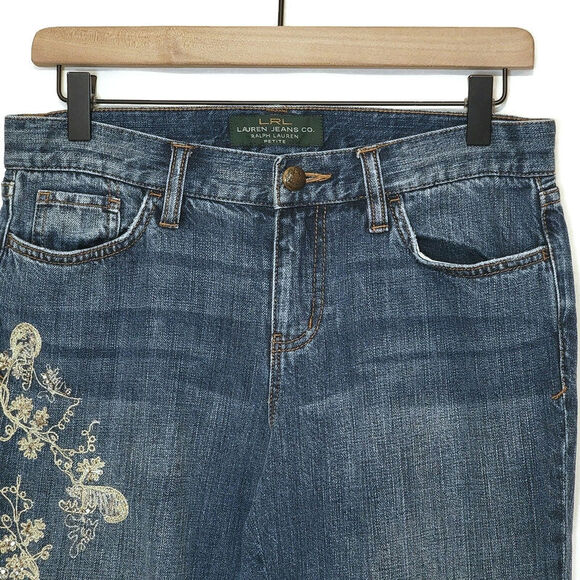 Ralph Lauren Embroidered Embellished Mid Rise Bootcut Blue Denim Jean Size 6P - Picture 3 of 13